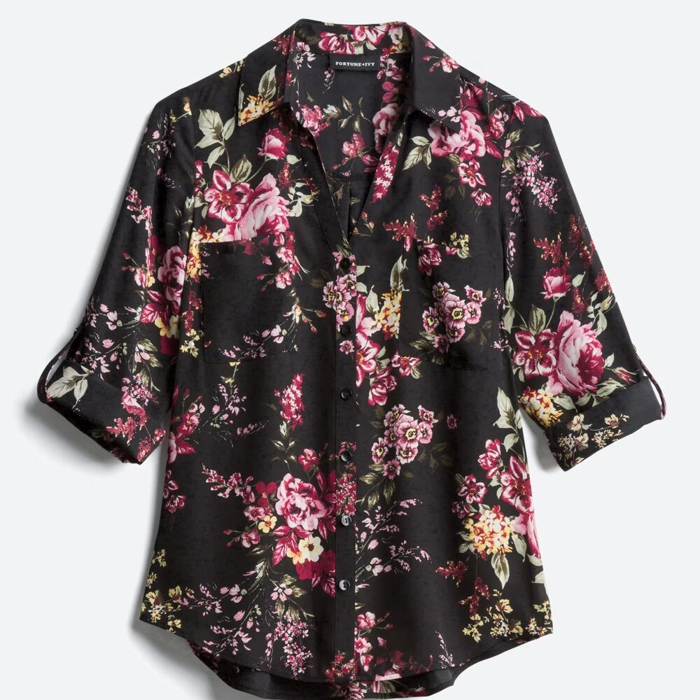 FORTUNE + IVY Christelle Button Down Blouse, Black Floral Top